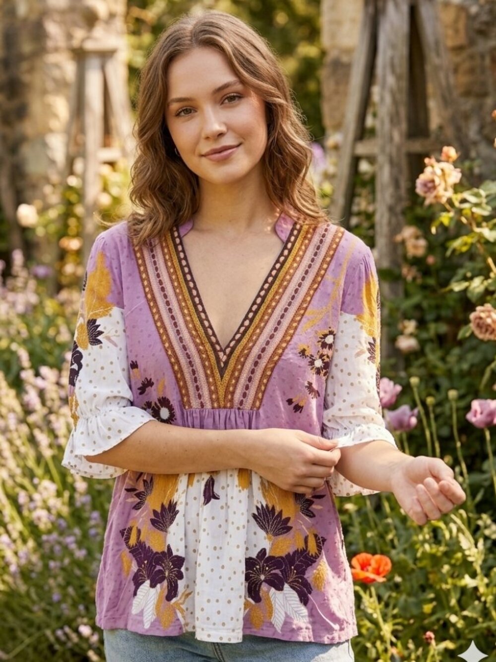 Anthropologie Bl^nk London "Stephanie" Mixed Floral Boho Blouse - Size Small